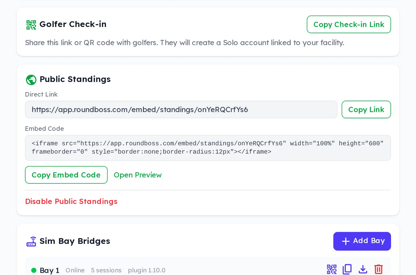 Facility dashboard: golfer check-in link, public standings embed and simulator bay bridges online