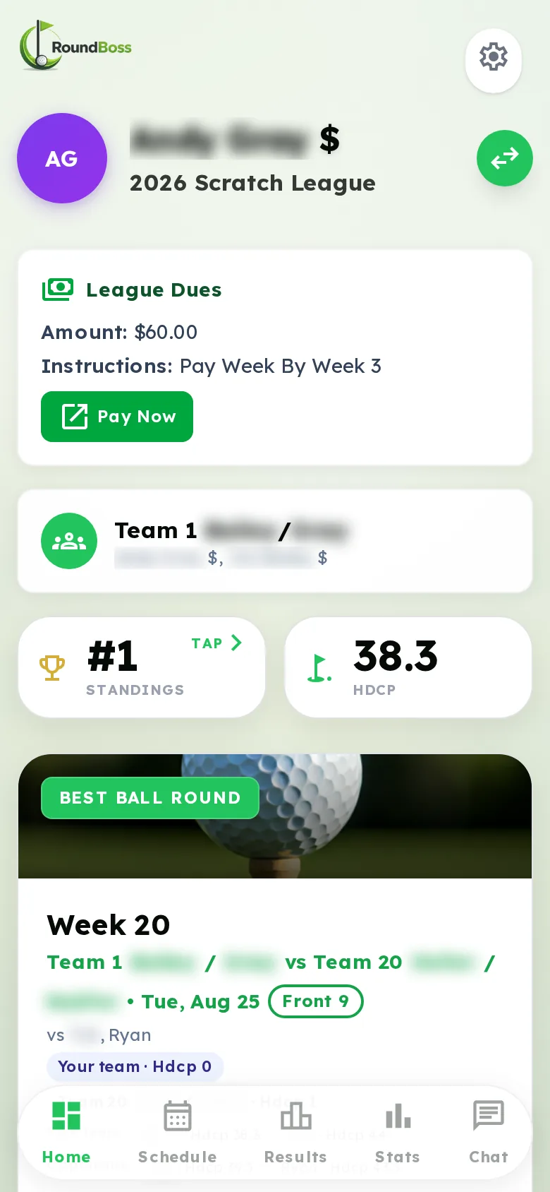 Player dashboard on a phone showing this week's match, standing and handicap